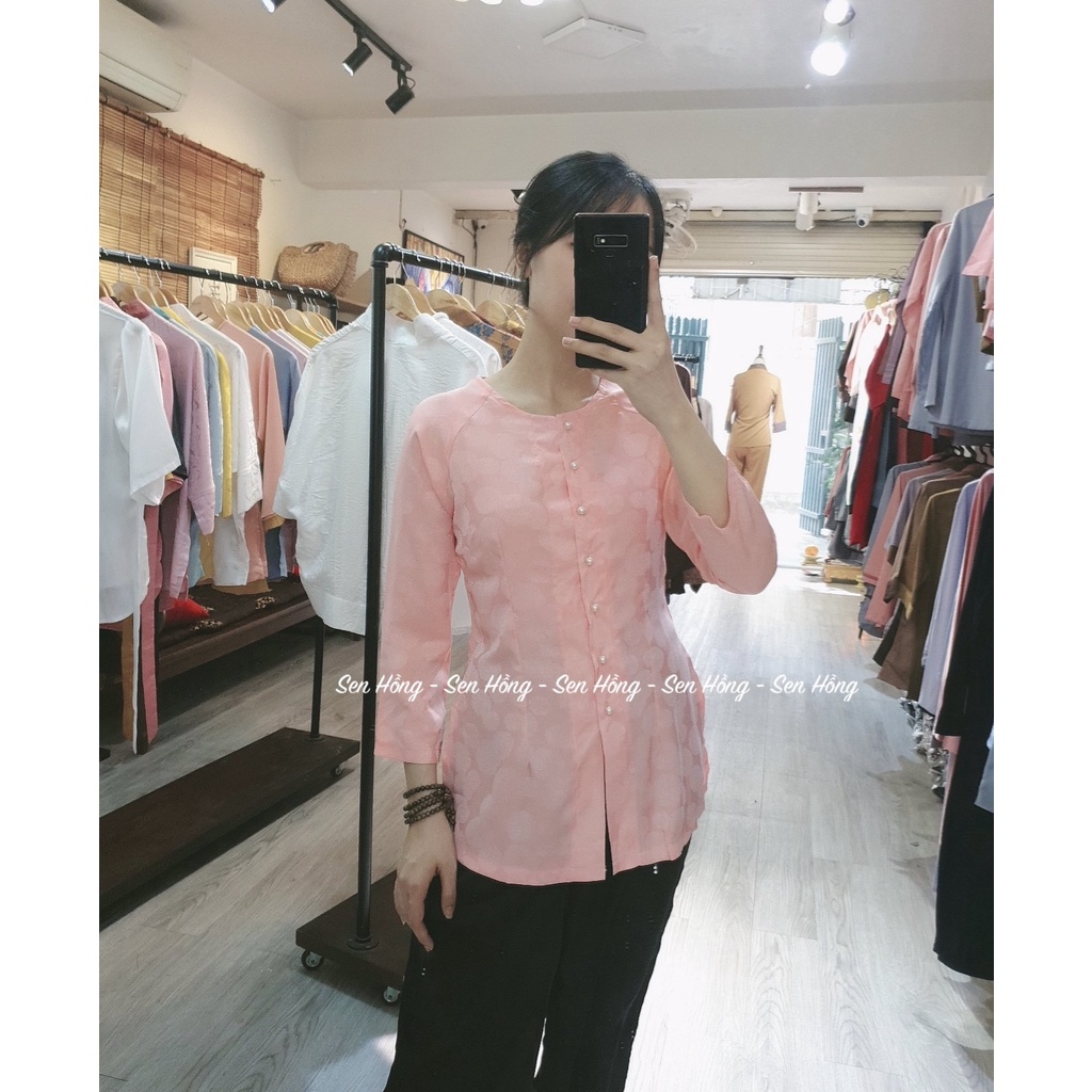 Áo đi chùa đẹp, áo bà ba lụa gấm Hàn Châu # Đồ Phật tử lụa cao cấp # bà ba vân gấm hoa sen cúc ngọc xinh AB12 Hồng phấn