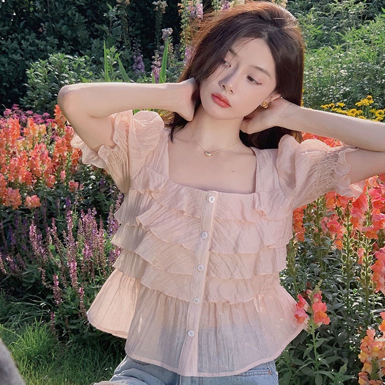 Áo Chiffon Ngắn Tay Cổ Vuông Màu Sắc Trơn Thời Trang Cho Nữ  tao bao