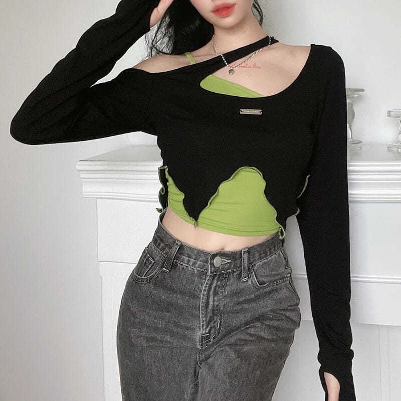 Áo Thun Crop Top 2 Mảnh Tay Dài Nhuộm Màu Phong Cách Cổ Điển Thời Trang Đường Phố Cho Nữ Y2k