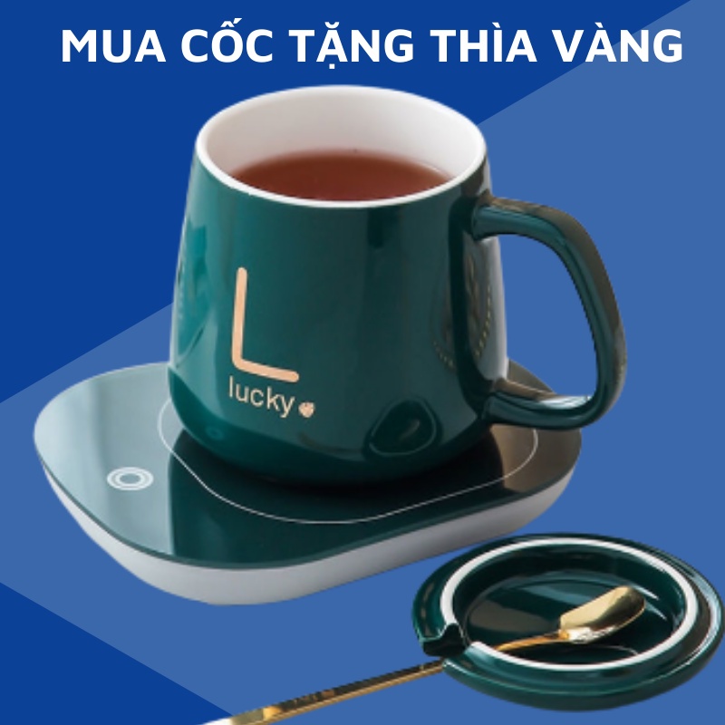 Cốc Hâm Nóng Kèm Đế Điện Và Thìa Mạ Vàng Cao Cấp, Bộ Cốc Hâm Nóng Đồ Uống Dùng Được Cho Mọi Loại Cốc Tiện Dụng