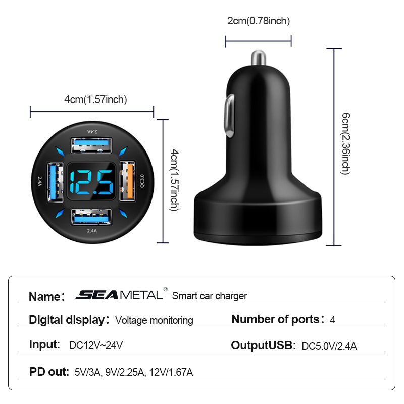 Tẩu sạc nhanh SEAMETAL 66W QC3.0+PD 4 cổng USB 12V 24V cho xe hơi