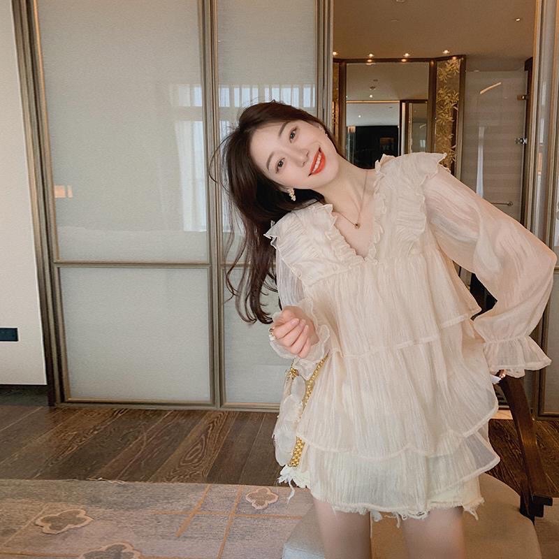 Áo chiffon bèo nhún nhiều tầng có ảnh thật chất liệu voan tơ mềm cao cấp tay dài - Áo kiểu bánh bèo hàn quốc