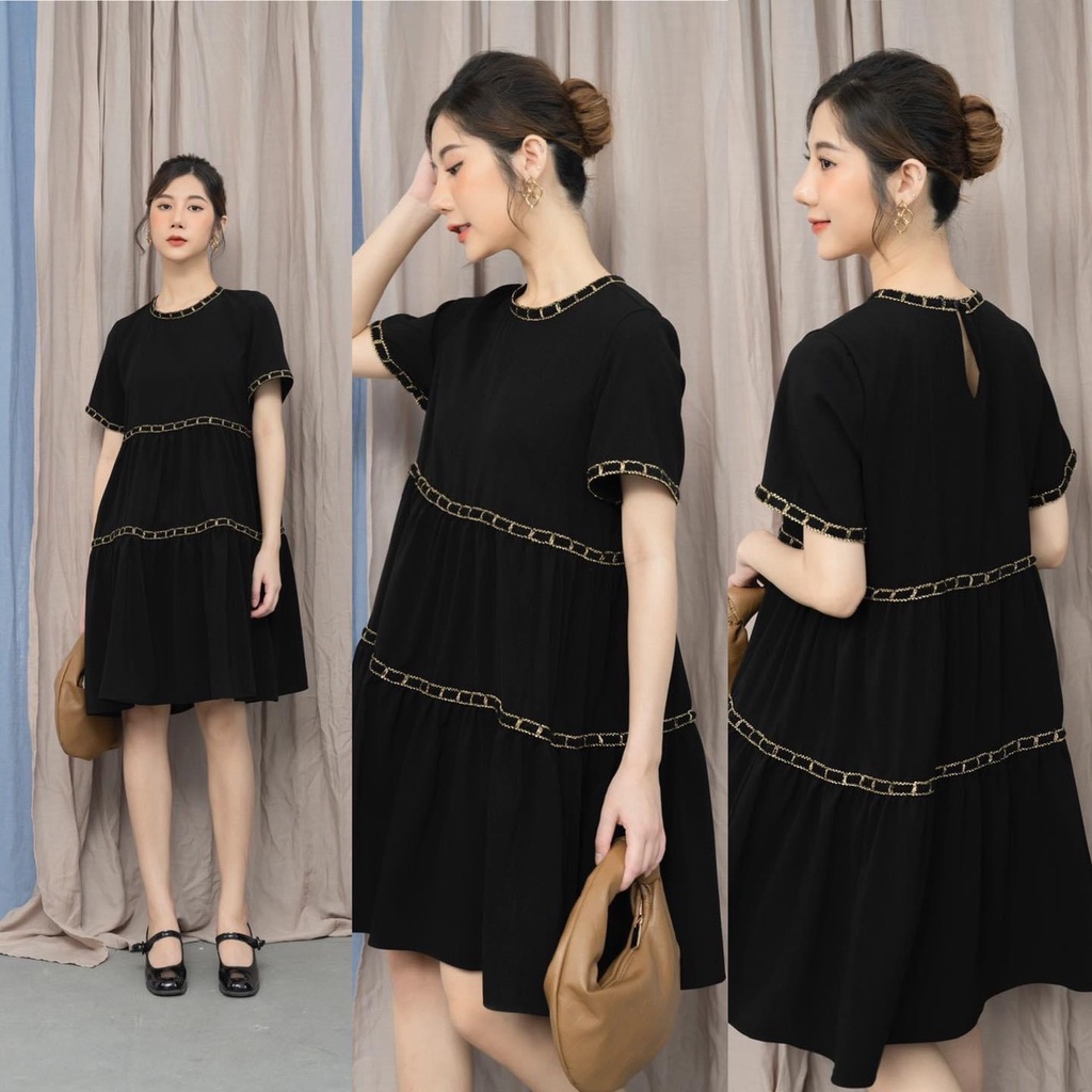 Váy suông xếp tầng viền dây dệt nổi dáng dài chất mango cao cấp, đầm babydoll dáng rộng viền ren nổi