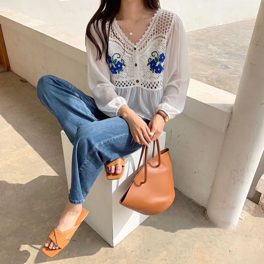 SUXI Áo Sơ Mi Nữ Tay Dài Thêu Hoa Phong Cách Hàn Quốc