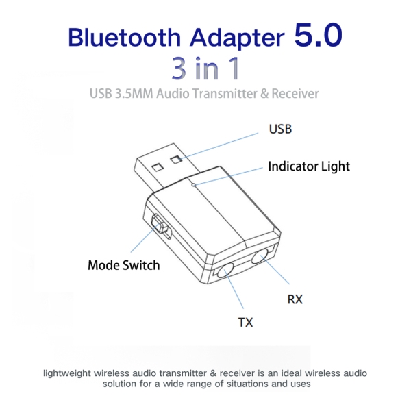 Bộ chuyển đổi thu/phát âm thanh bluetooth 5.0 giắc cắm 3.5mm kết nối âm thanh nổi AUX kèm công tắc