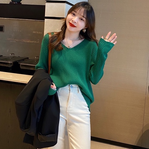 Áo len ZHELIHANGFEI tay dài cổ chữ V dễ phối đồ tùy chọn màu sắc