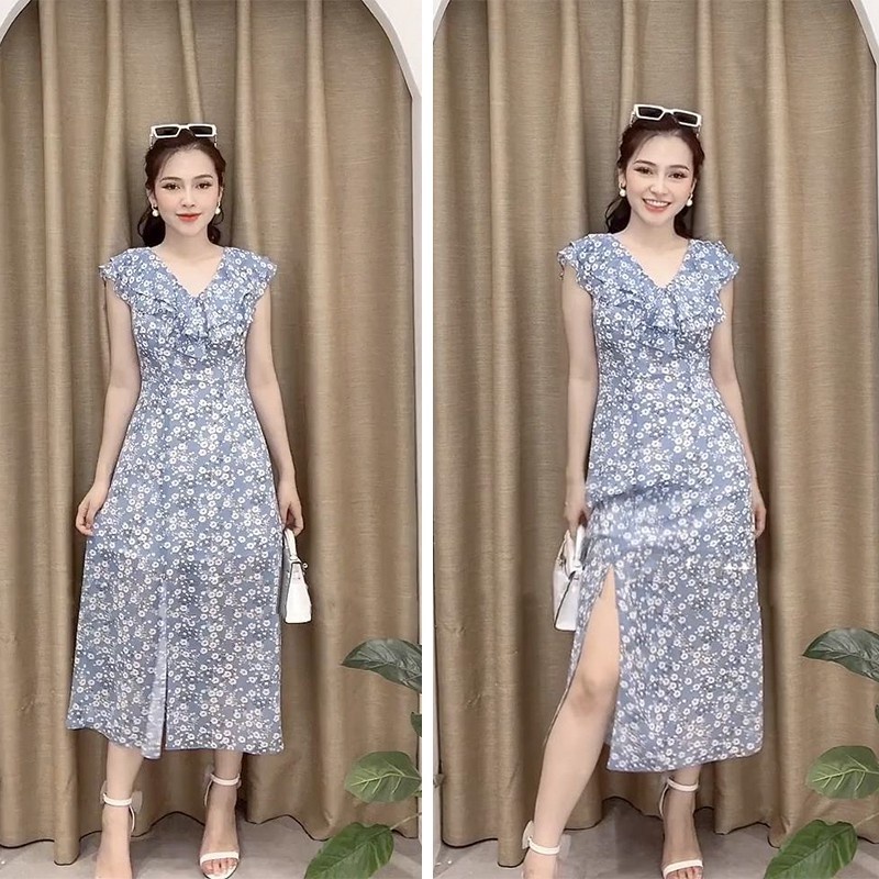 Đầm Nữ Dự Tiệc, Váy Nữ Hoa Xanh Hoa Bi Trắng Nhỏ Vintage Sang Chảnh