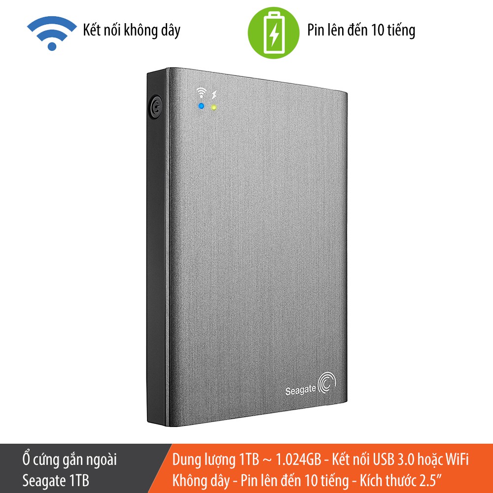 Ổ cứng gắn ngoài Seagate Wireless Plus 1TB / 2TB, kết nối USB 3.0, kết nối WiFi, pin 10 giờ, kích thước 2.5"