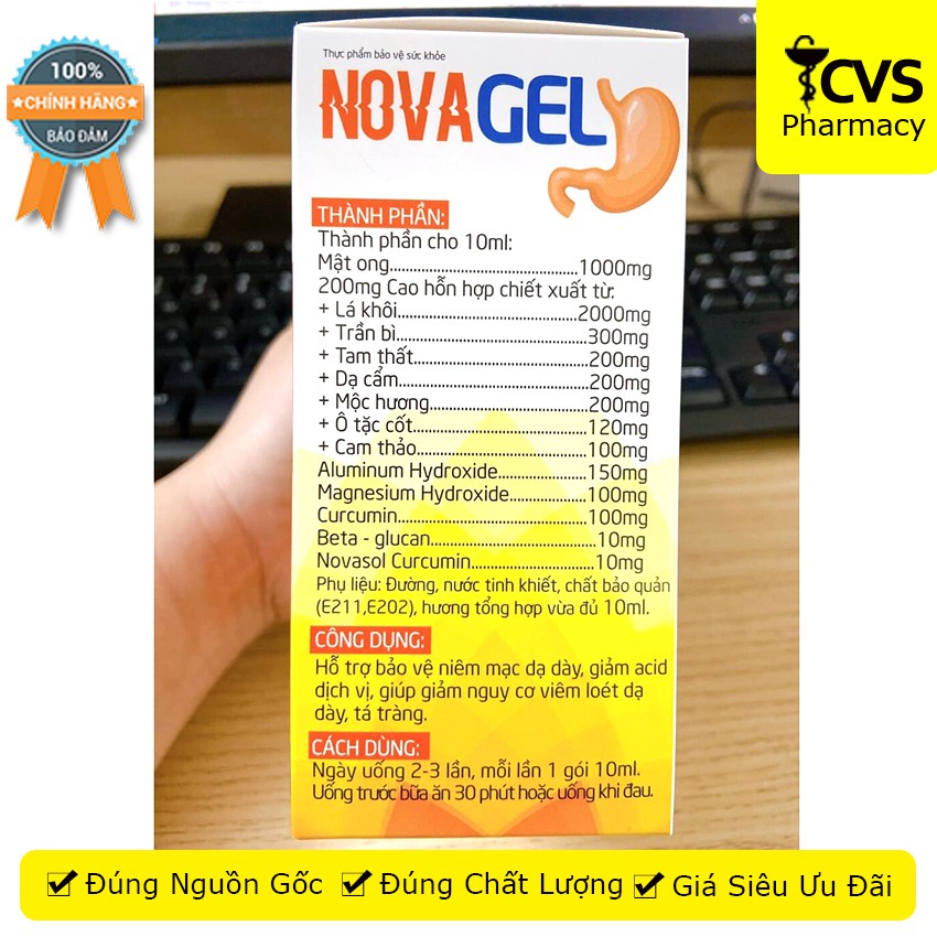 Novagel / Nova gel cvspharmacy Hộp 20 gói, Hỗ trợ giảm đau dạ dày, bảo vệ niêm mạc dạ dày