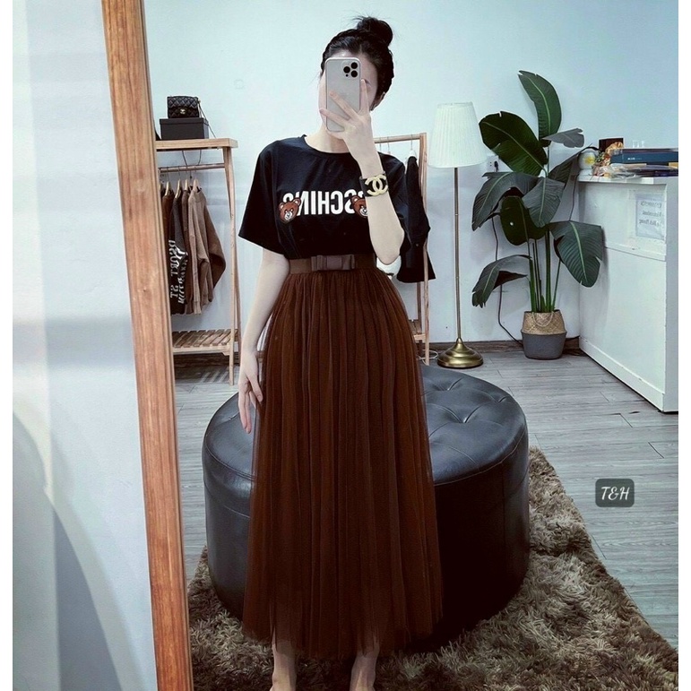 Chân váy maxi lưới xoè nơ hàng đẹp, Chân váy dáng dài chun cạp cao CV6803 - NhiNhi Shop
