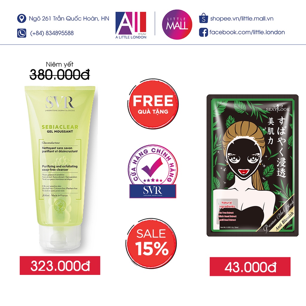 Gel rửa mặt không xà phòng,làm sạch SVR sebiaclear gel moussant TẶNG mặt nạ Sexylook / bông tẩy trang Jomi