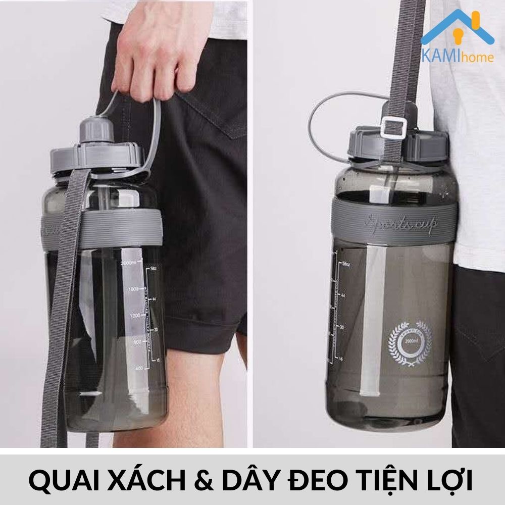 Bình nước cỡ lớn chia vạch 1.000ml (Hàng chuẩn có Dây đeo và Ống hút) KM22044