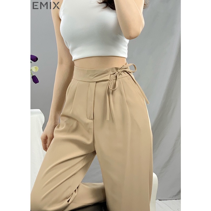 Quần vải xuông buộc dây EMIX (3 màu), basic trousers, dáng dài, cạp cao, ống suông, kèm dây đai, chất liệu tuytxi 534