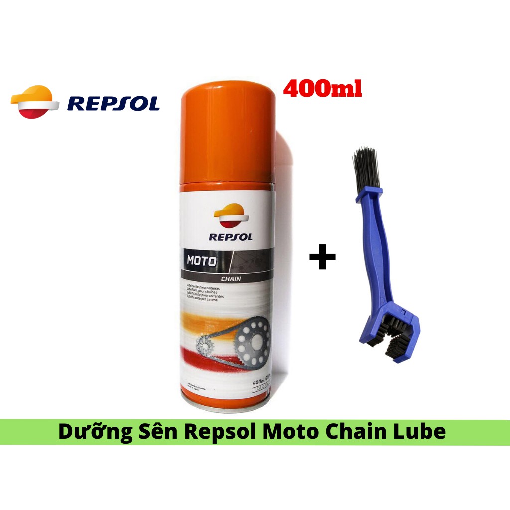 Combo Chai Xịt Dưỡng Sên Repsol Moto Chain Lube 400ml Kèm Bàn Chải