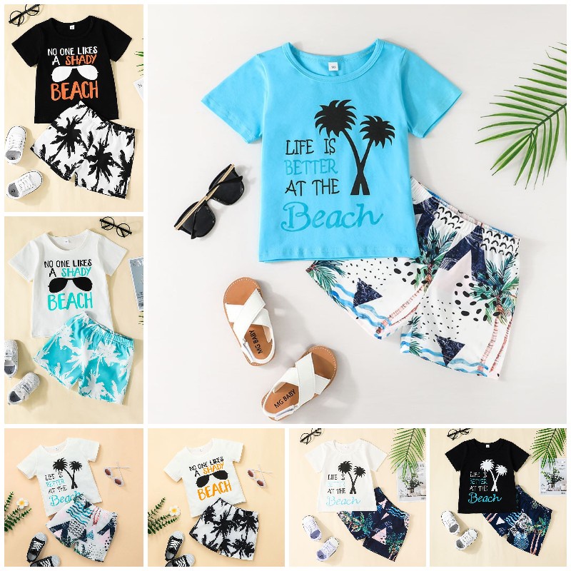 Combo bộ đồ bé trai 1-6 tuổi tay ngắnIn họa tiết hoa Hawaii áo phông quần đùi set mùa hè thời trang cho bé trẻ em