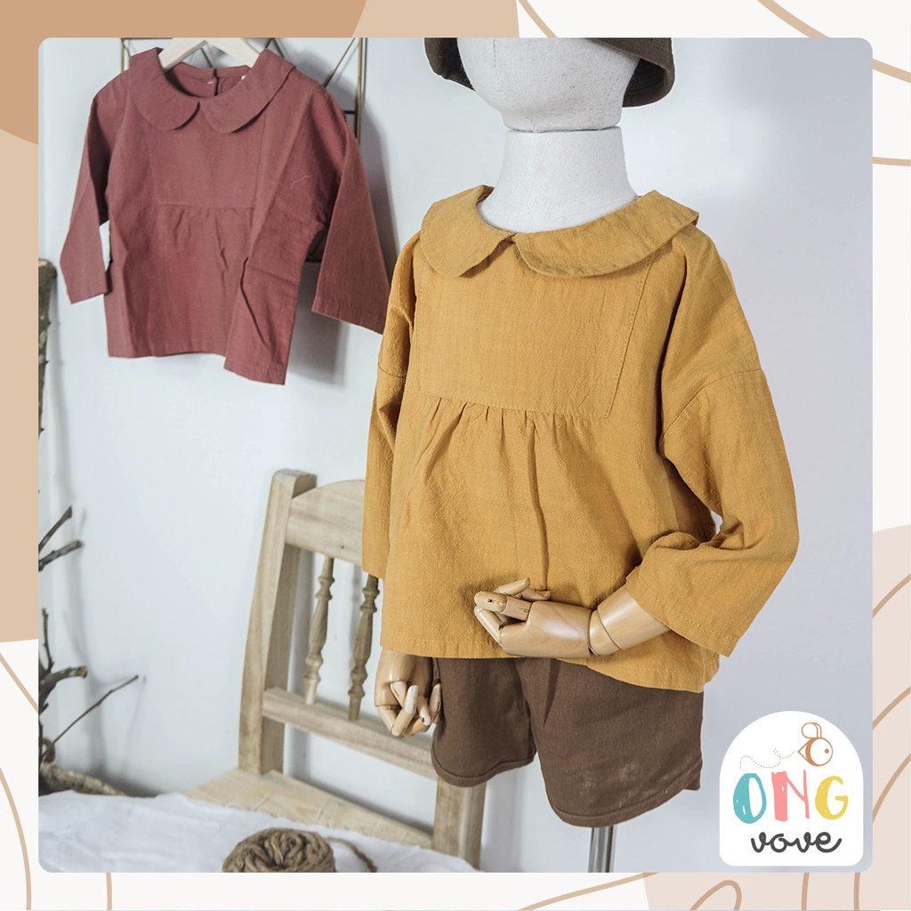 Áo tay dày linen cho bé gái, cổ tròn khuy cúc sau điệu đà, màu vintage xinh yêu 739