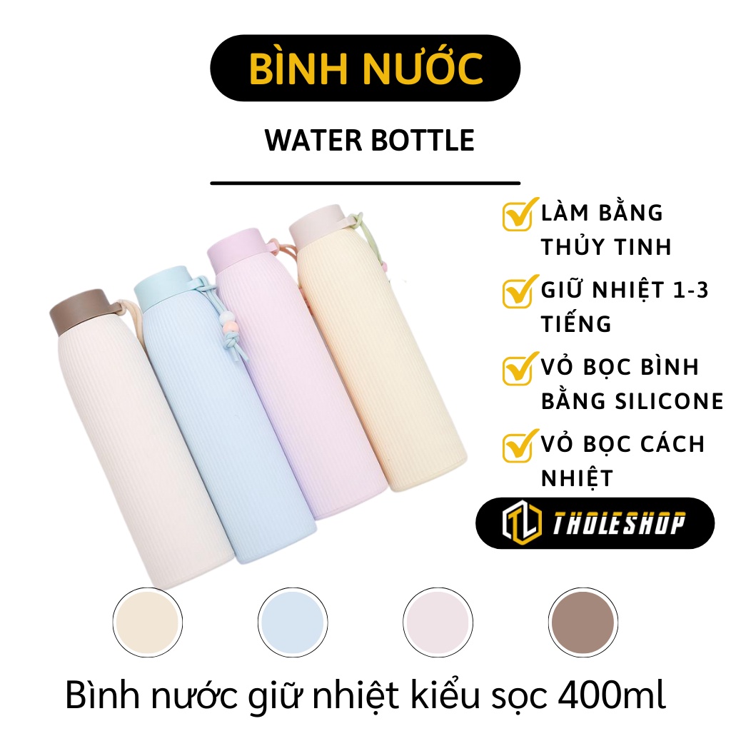 Bình Giữ Nhiệt - Bình Đựng Nước Thủy Tinh Trong Suốt 400ml, Vỏ Bọc Silicon 7190