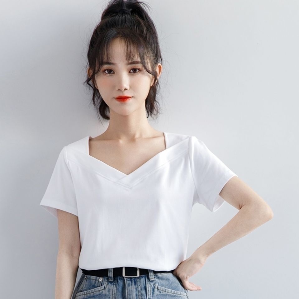 Áo thun tay ngắn cổ vuông màu trơn phong cách Hàn Quốc thời trang cho nữ 2021