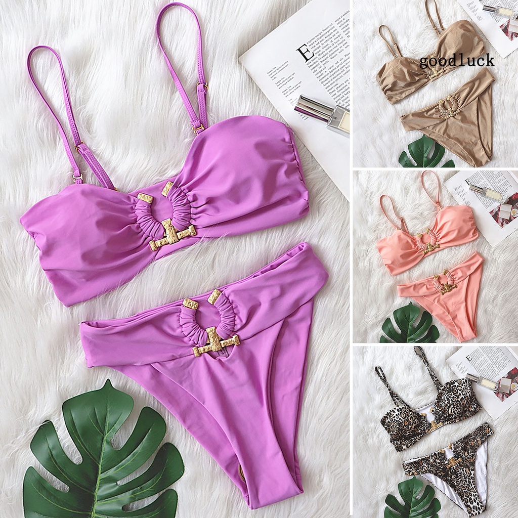 Bộ Đồ Bơi Hai Mảnh Màu Sắc Trơn Lưng Cao Phối Khóa Kim Loại Dành Cho Nữ