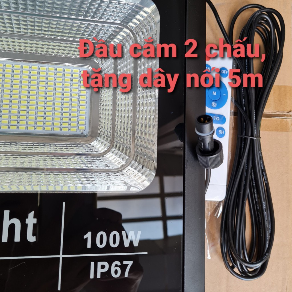 KHÔNG KÈM TẤM PIN - Đèn pha năng lượng mặt trời 100w IP67 + dây nối 4m + Remote điều khiển, sài chung tấm pin 6V