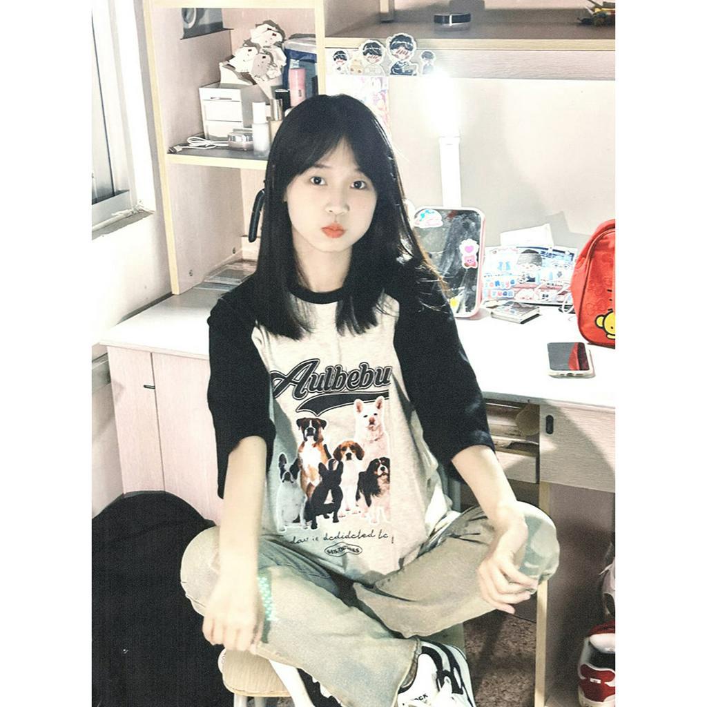 Ethelgirl Áo Thun Tay Ngắn Dáng Rộng In Họa Tiết Chú Chó Thời Trang Hàn Quốc Xinh Xắn Cho Nữ