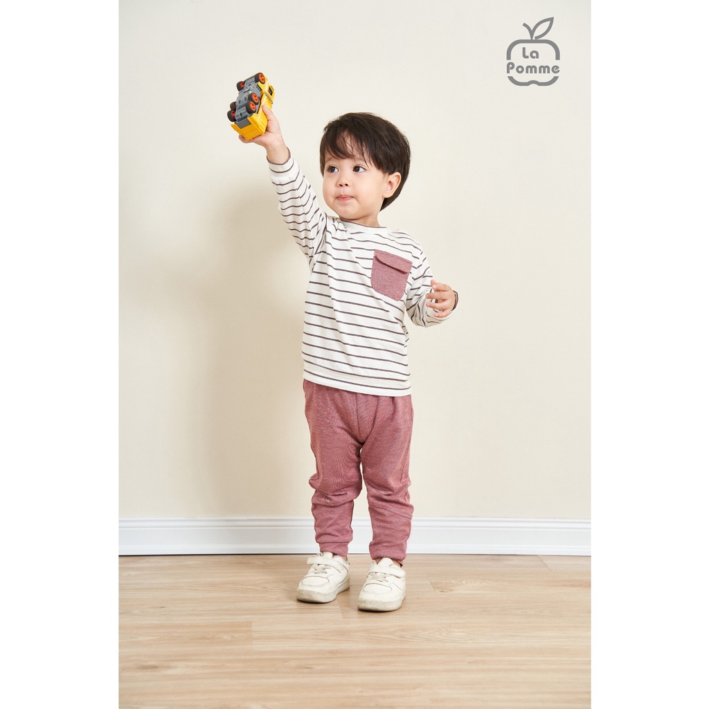 Bộ La Pomme dài tay Cotton cao cấp mềm mịn thoáng mát thấm hút tốt kẻ sọc ngang túi ngực cho bé trai bé gái 13002