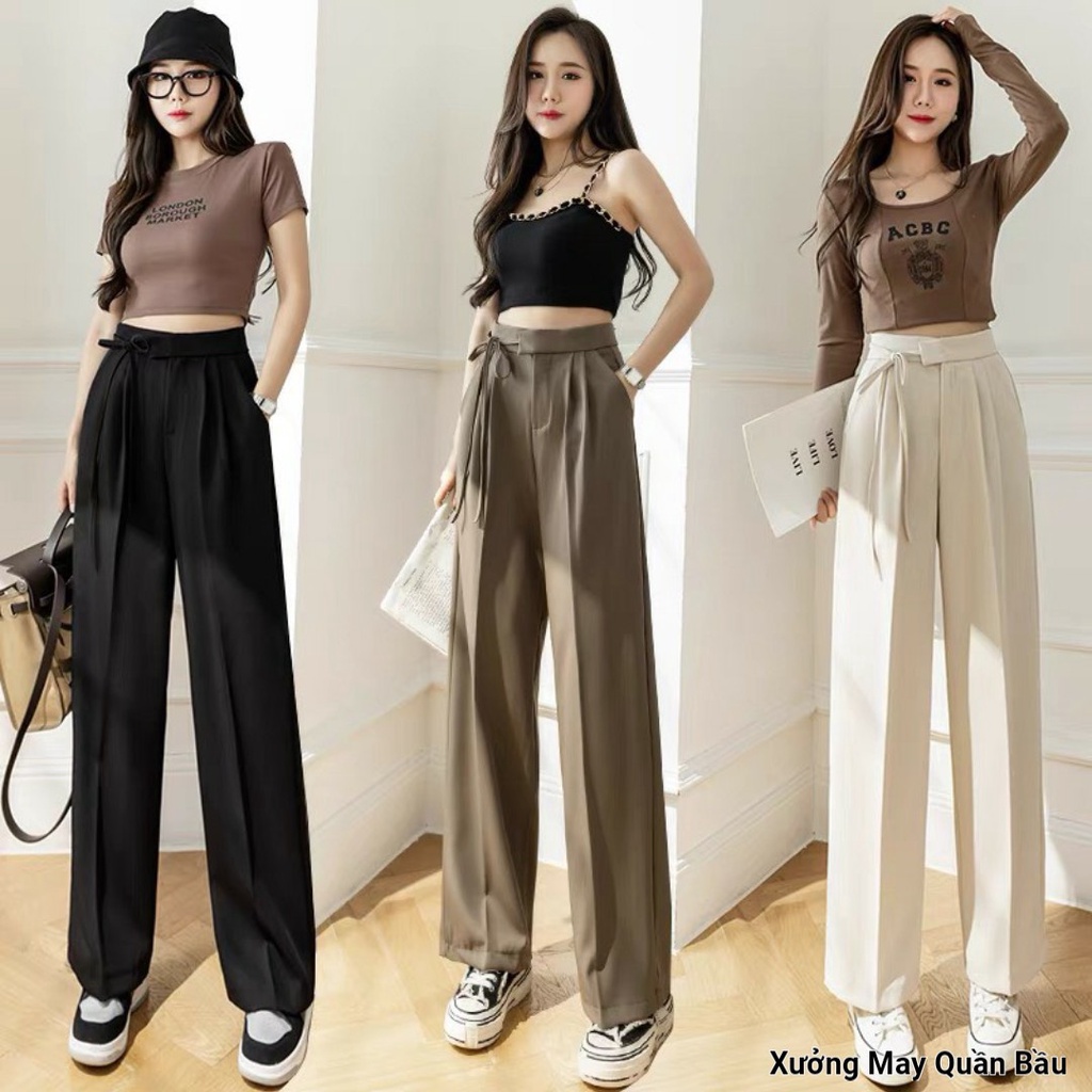 Quần Nữ Ống Rộng dáng suông chất Tuyết Mưa cao cấp với thiết kế thắt nơ ở cạp xinh xắn dễ thương QN779