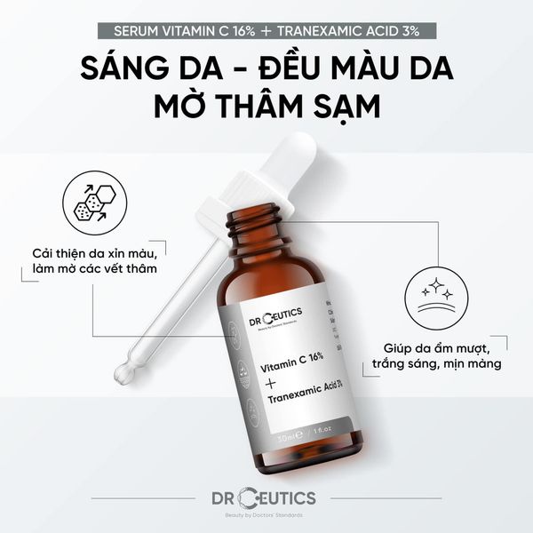 Serum DrCeutics Vitamin C 16% + Tranexamic Acid 3% Dưỡng Trắng Da, Mờ Thâm Nám 30ml