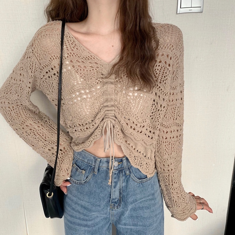 Áo Kiểu Tay Dài Phối Dây Rút Phong Cách Hàn Quốc Trẻ Trung Cho Nữ