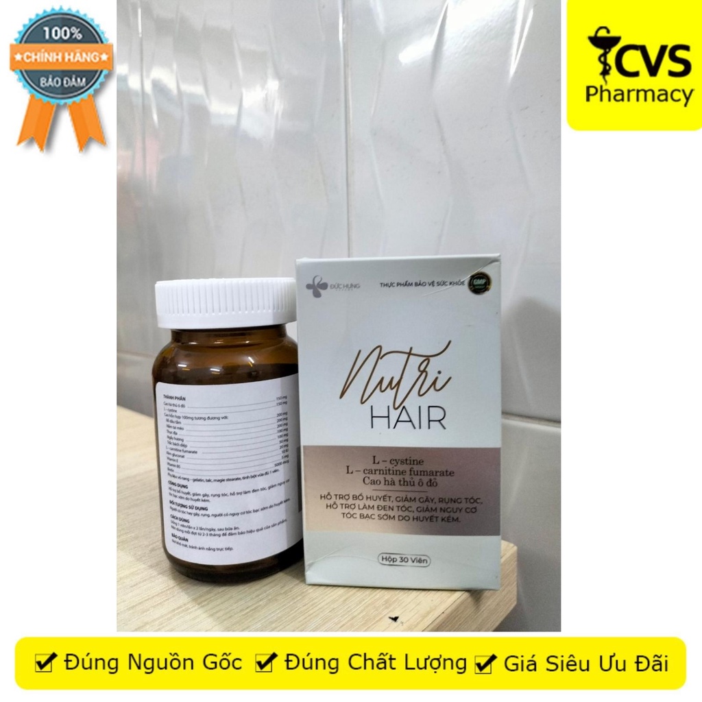 Nutri Hair - Hỗ Trợ Giảm Gãy, Rụng Tóc, Làm Đen Tóc - Hộp 3 Vỉ X 10 Viên - CVS Pharmacy