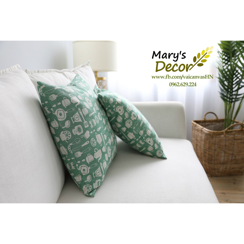 Gối tựa sofa Mary Decor - họa tiết Đồ dùng nhà bếp xanh G-D04