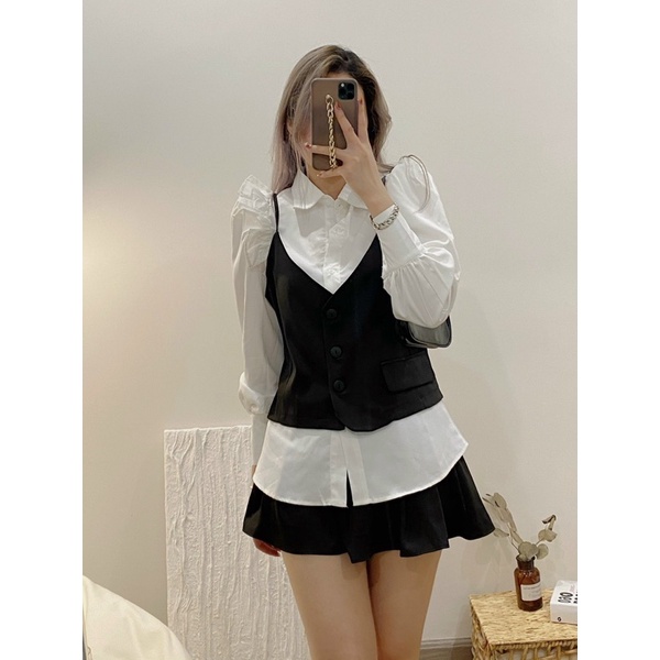 Set áo gile kèm sơ mi và chân váy xếp ly bánh bèo, tiểu thư B2.