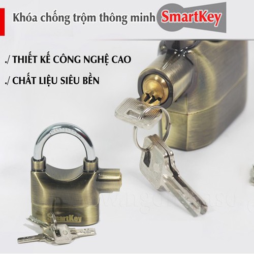 Khóa chống trộm báo động thông minh Smartkey - Vàng đồng + Kèm 1 bộ pin dự phòng