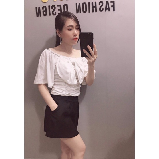 Lolyta's Design - Áo trắng hở vai cực đẹp,thân xếp nhún,đính nơ bản to siêu xinh.Ảnh chụp thật 100%
