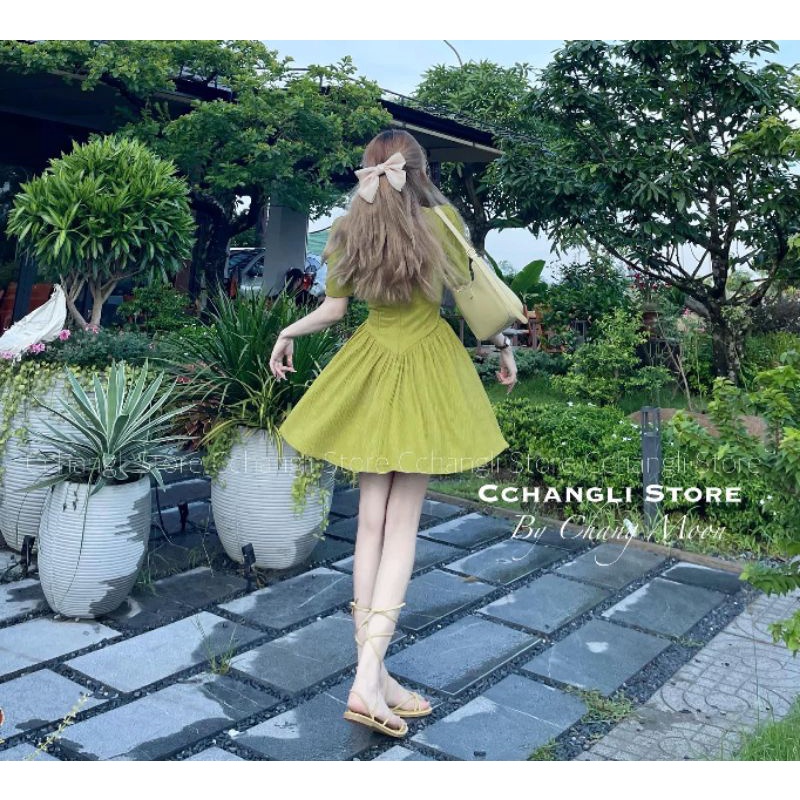 Váy xanh tay bồng dáng ngắn xoè dễ thương.Đầm tiểu thư sang chảnh