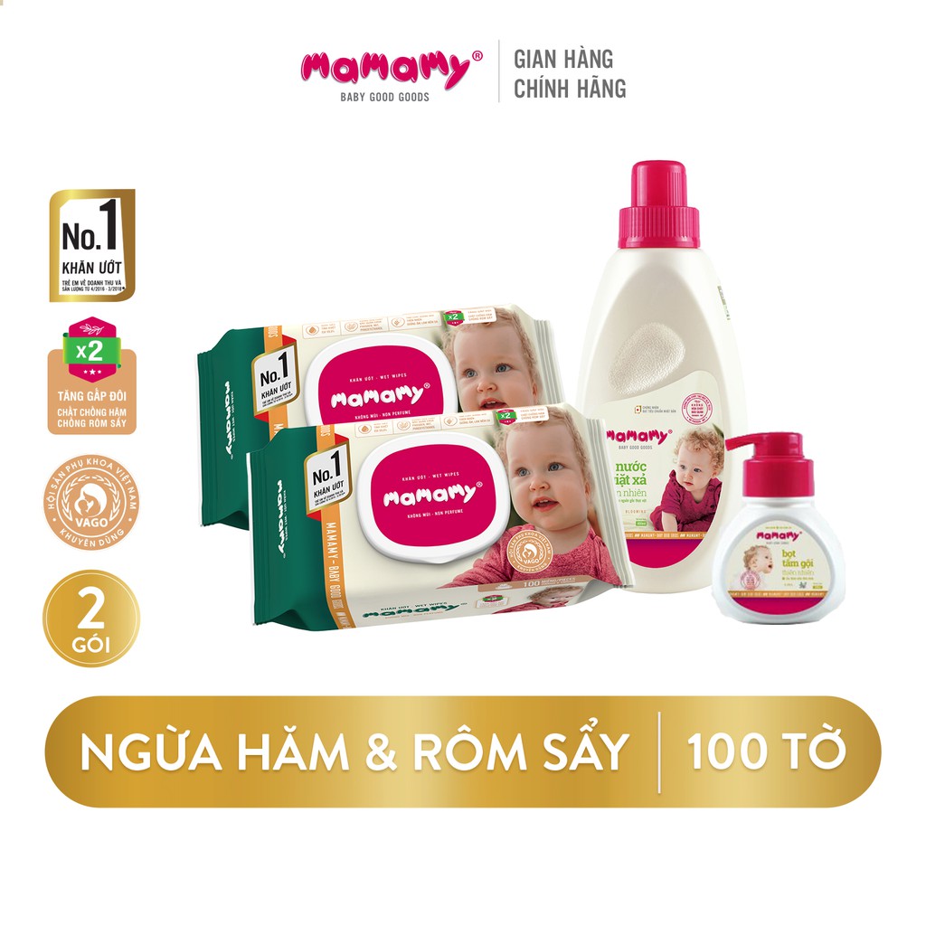 Set chăm sóc làn da bé Mamamy 01: 1 chai Bọt Tắm gội 400ml + 2 gói Khăn ướt 100 tờ + 1 chai nước giặt xả 800ml