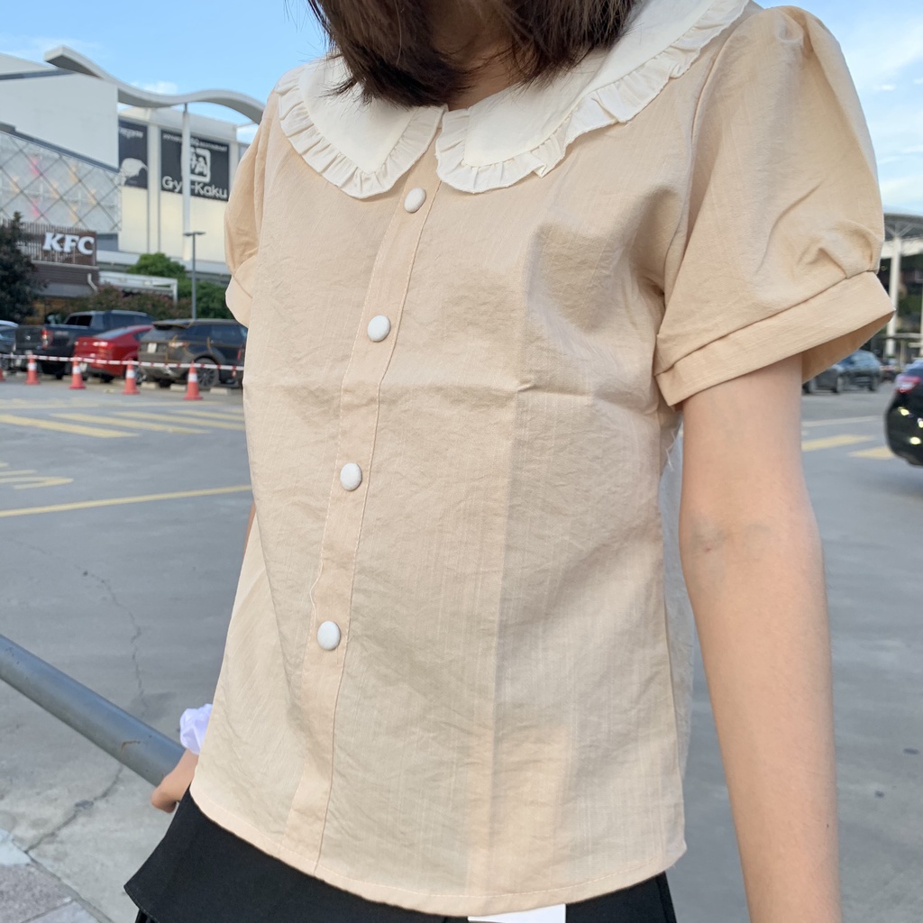 Áo kiểu nữ NHẬT LINH áo sơ mi đũi xước cổ phối bèo tay ngắn nữ tính duyên dáng - A194