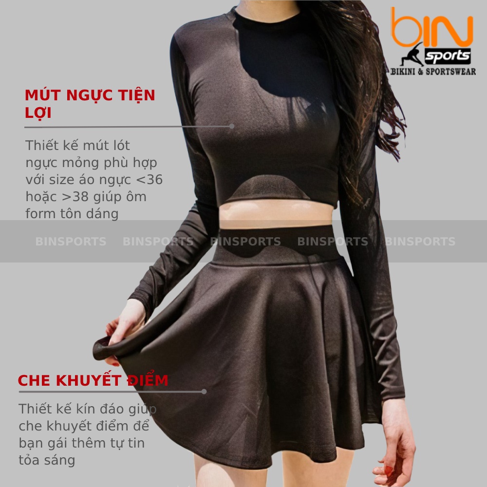 Bikini Nữ Hai Mảnh Aó Crop Dài Tay Quần Váy Có Size Dưới 60Kg Bin Sports BHV131
