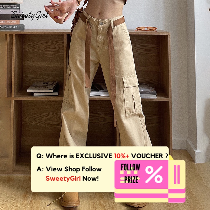 Quần Kaki Lưng Thấp Dáng Rộng Màu Trơn Có Túi Cài Nút Thời Trang 2022 Cho Nữ