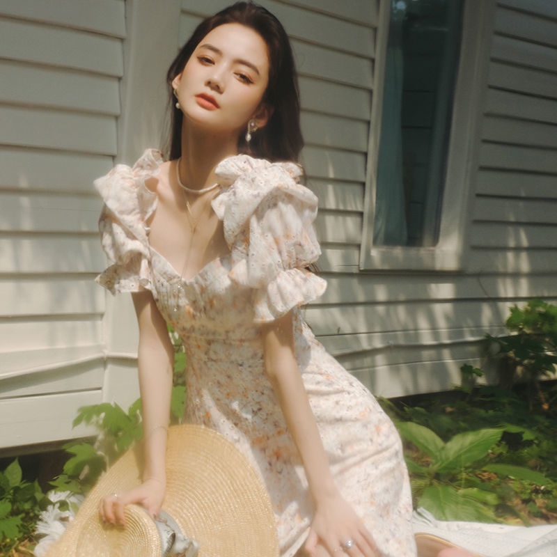 Đầm midi Tay Ngắn Họa Tiết Hoa Thời Trang Mùa Hè Xinh Xắn Cho Nữ