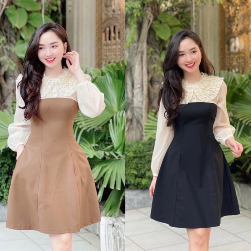 Váy nữ, công sở tiểu thư cổ áo đính ngọc sang chảnh LINSTORE Thiết Kế