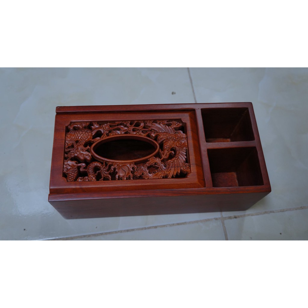 Hộp giấy ăn 3 ngăn gỗ hương, đựng giấy bàn ăn chạm long phụng cao cấp | BigBuy360 - bigbuy360.vn