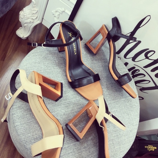 Ảnh thật - GIÀY SANDAL CÔNG SỞ QUAI NGANG DA LÌ GÓT NÂU LỖ HOT HIT