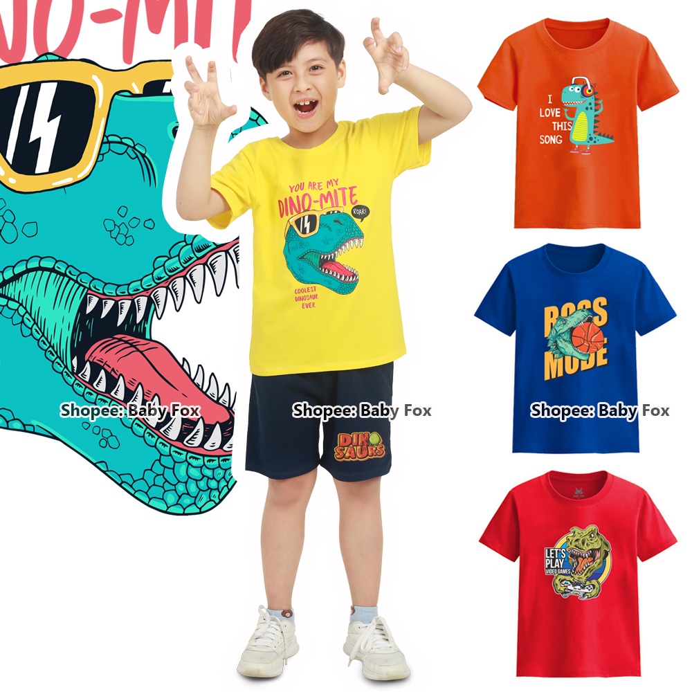 Áo thun bé trai 100% cotton loại tốt, thương hiệu BABY FOX, hình khủng long, size nhỏ, trung, đại  b