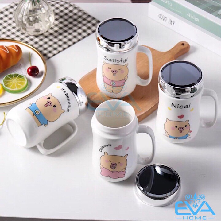 Ly Sứ Giữ Nhiệt Nắp Gương Hoạ Tiết Hoạt Hình Chú Heo Ủn Ỉn