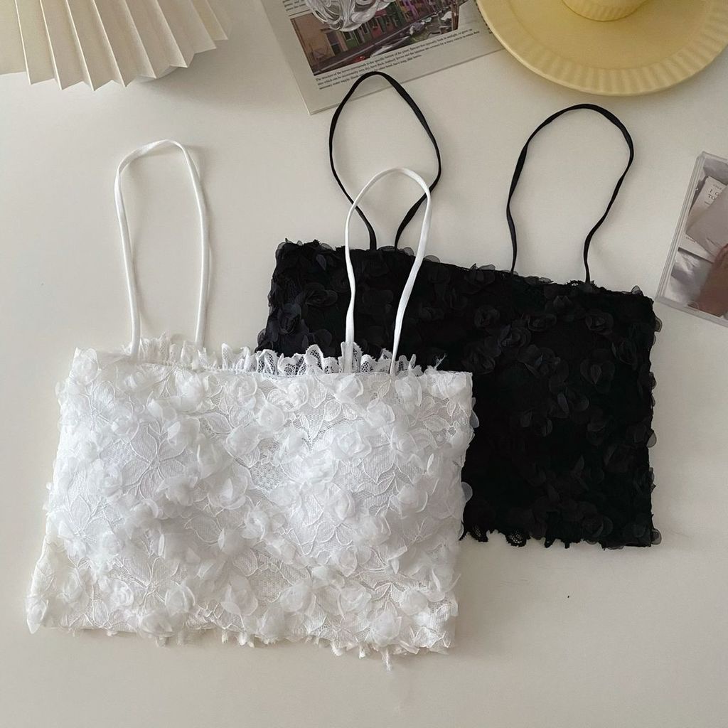 Áo Lửng Hai Dây Phối Ren Màu Trơn Đen Trắng Gợi Cảm Thời Trang Mùa Hè Cho Nữ