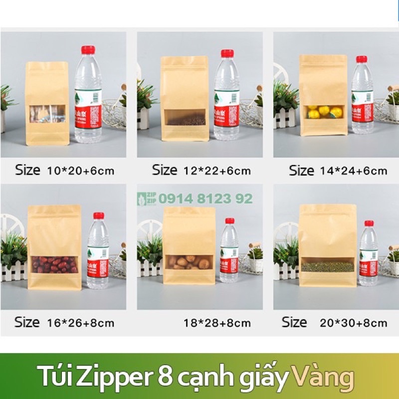 {Thử mẫu 1 cái/ size} Túi zipper giấy Kraft Vàng 8 CẠNH đáy đứng cửa sổ tràn có CÁN MÀNG - CHỐNG THẤM NƯỚC (sp y hình)