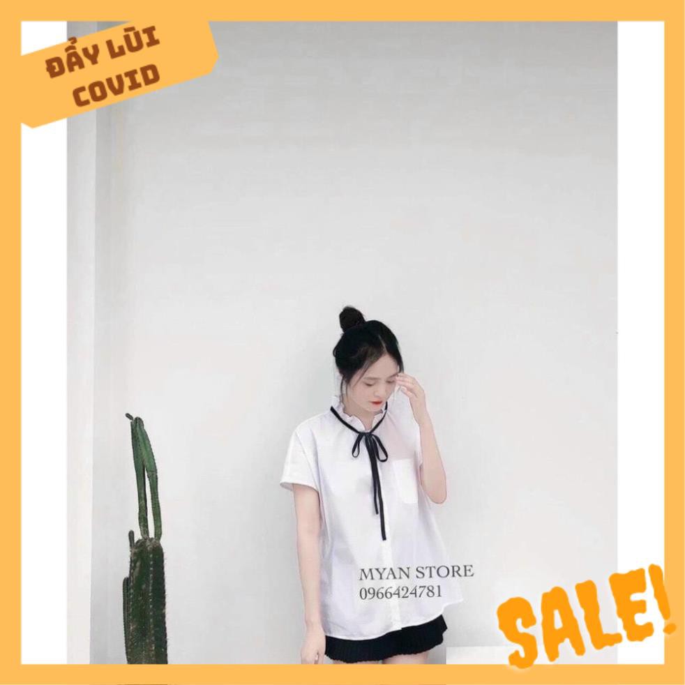 [ƯU TIÊN SỈ] ÁO SƠ MI NỮ CỘC TAY VẢI THÔ CỔ BÈO CÓ DAY NƠ BUỘC | BigBuy360 - bigbuy360.vn