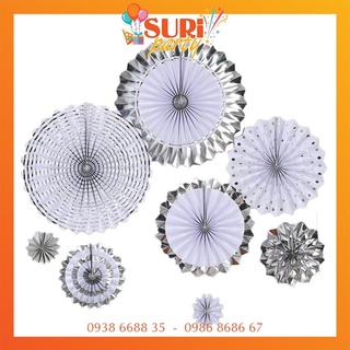Quạt giấy trang trí ánh kim màu bạc set 8 cái