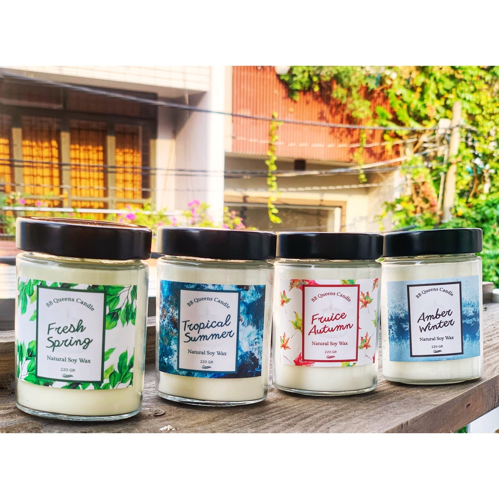 QUÀ TẶNG NẾN THƠM Handmade hũ 220gr , gói set như hình , Hương Tinh Dầu thơm 4 mùa